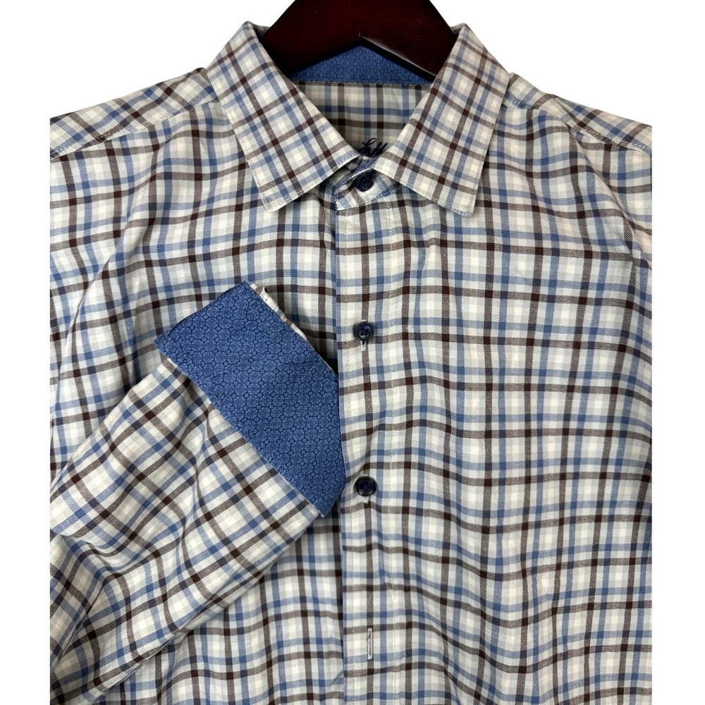 Tasso Elba Mens XL‎ Plaid Long Sleeve Button Down Shirt Dress Shirt Blue Brown